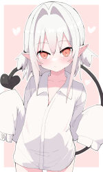Rule 34 | 1girl, brown background, closed mouth, collarbone, collared shirt, commentary request, demon tail, dress shirt, grey hair, hair between eyes, hair intakes, heart, highres, long sleeves, looking at viewer, naked shirt, noa (nagareboshi), original, pointy ears, red eyes, shirt, sleeves past fingers, sleeves past wrists, solo, standing, tail, two-tone background, white background, white shirt