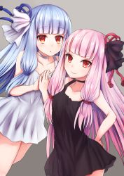 Rule 34 | 2girls, :o, bare arms, bare shoulders, black dress, blue hair, blunt bangs, blush, collarbone, commentary request, dress, grey background, highres, kakan (amka), kotonoha akane, kotonoha aoi, long hair, looking at viewer, multiple girls, open mouth, pink hair, red eyes, siblings, simple background, sisters, smile, voiceroid, white dress