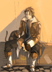 Rule 34 | 1boy, alvin (tales), bad id, bad pixiv id, boots, box, brown eyes, brown hair, cat, gloves, knee boots, male focus, matsuya29, scarf, sitting, smile, solo, tales of (series), tales of xillia