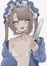 Rule 34 | 1girl, asymmetrical bangs, bikini, blue hairband, blue jacket, blunt bangs, brown hair, chin strap, colored sclera, fang, flat chest, frilled hairband, frills, grey sclera, hairband, hand up, highres, holding, holding knife, jacket, jacket partially removed, knife, long hair, long sleeves, looking at viewer, open clothes, open jacket, open mouth, original, sidelocks, smile, solo, swimsuit, taezuodoru 0, track jacket, twintails, upper body, white bikini, white eyes, white hairband