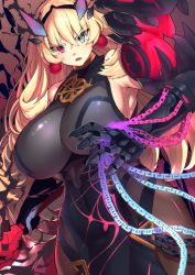 Rule 34 | 1girl, armor, bare shoulders, black dress, black gloves, blonde hair, breasts, chain, covered navel, dress, earrings, elbow gloves, barghest (fate), barghest (second ascension) (fate), fate/grand order, fate (series), gauntlets, gloves, green eyes, heterochromia, highres, horns, jewelry, large breasts, long hair, looking at viewer, necklace, open mouth, pantyhose, pauldrons, pelvic curtain, red eyes, shoulder armor, sideboob, single gauntlet, single pauldron, solo, sword, thighs, tsukushi sasa, weapon