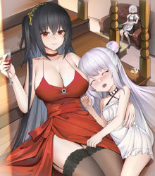 Rule 34 | 3girls, absurdres, apron, azur lane, bare shoulders, black hair, breasts, brown skirt, choker, couch, criss-cross halter, cup, dress, drinking glass, garter straps, halterneck, highres, holding, holding cup, indoors, lace, lace-trimmed legwear, lace trim, large breasts, le malin (azur lane), le malin (sleepy sunday) (azur lane), long hair, looking at viewer, multiple girls, official alternate costume, on couch, open mouth, red choker, red dress, red eyes, short hair, short sleeves, silver hair, sirius (azur lane), skirt, sleeping, sleeveless, sleeveless dress, stairs, taihou (azur lane), taihou (forbidden feast) (azur lane), thighhighs, urushi quihei no choetsu-sha, very long hair, white apron, white dress, wine glass