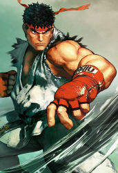 Rule 34 | 1boy, black hair, brown eyes, dougi, eyebrows, fingerless gloves, frown, gloves, gradient background, headband, highres, male focus, muscular, official art, ryu (street fighter), solo, street fighter, street fighter v, thick eyebrows