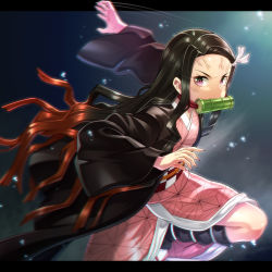 Rule 34 | 1girl, bamboo, bit gag, black hair, brown hair, checkered sash, commentary request, fingernails, gag, gradient hair, highres, is ii, japanese clothes, kamado nezuko, kimetsu no yaiba, kimono, letterboxed, long fingernails, long hair, long sleeves, looking at viewer, mouth hold, multicolored hair, obi, open clothes, pink kimono, purple eyes, sash, sharp fingernails, solo, standing, standing on one leg, veins, very long hair, wide sleeves