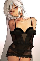 Rule 34 | 1girl, altera (fate), bare legs, bare shoulders, black dress, breasts, choker, closed mouth, commentary request, cowboy shot, dark-skinned female, dark skin, detached sleeves, dress, fate/grand order, fate (series), frills, full-body tattoo, gradient background, headdress, highres, i-pan, lingerie, red eyes, short hair, small breasts, solo, strap, tan, tattoo, underwear, veil, white hair