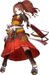 Rule 34 | &gt;:), 1girl, artist request, bowgun, brown hair, dutch angle, full body, hair ornament, hakama, hakama short skirt, hakama skirt, holding, holding weapon, japanese clothes, long hair, murao (oshiro project), official art, orange eyes, oshiro project:re, oshiro project:re, parted bangs, pleated skirt, quiver, red skirt, skirt, torn clothes, transparent background, v-shaped eyebrows, weapon