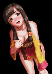 Rule 34 | 10s, 1girl, blush, breasts, brown eyes, brown hair, cleavage, hand on knee, hand on own knee, highres, jewelry, large breasts, leaning forward, long hair, looking at viewer, naughty face, necklace, open mouth, saaya (suisei no gargantia), shokushi yuu, simple background, smile, solo, suisei no gargantia, teasing, top pull