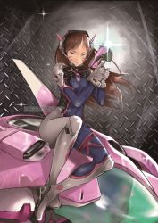 Rule 34 | 1girl, armor, artist name, ass, bodysuit, boots, breasts, brown eyes, brown hair, d.va (overwatch), facebook, facial mark, full body, gloves, gun, handgun, headphones, highres, holding, holding gun, holding weapon, long hair, looking at viewer, mecha, meka (overwatch), mirco gravina, overwatch, overwatch 1, patreon, pilot suit, robot, sitting, small breasts, smile, solo, sparkle, swept bangs, thigh boots, thighhighs, watermark, weapon, web address, whisker markings, white footwear, white gloves, white thighhighs, yo-nashi