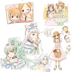 3boys 6+girls aqua_hair basket blonde_hair bow bowtie braid cake cardcaptor_sakura character_request copyright_request creature crown cup cure_lillian cure_nyammy daidouji_tomoyo dress food glasses hat high_ponytail highres hime_cut holding holding_basket holding_cup kero_(cardcaptor_sakura) kinomoto_sakura koizumi_risa long_hair lovely_complex low_twin_braids m._(pixiv_80827757) magical_girl mini_hat mini_top_hat mug multiple_boys multiple_girls nekoyashiki_mayu nekoyashiki_yuki ootani_atsushi orange_hair pink_dress ponytail precure purple_hair red_eyes short_hair sketch straw_hat top_hat twin_braids white_background wonderful_precure!