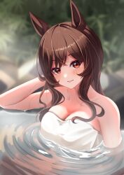 Rule 34 | 1girl, animal ears, bare shoulders, bathing, blurry, blurry background, blush, breasts, brown hair, cleavage, commentary request, gentildonna (umamusume), highres, horse ears, horse girl, large breasts, long hair, naked towel, onsen, outdoors, ozakinggg, partially submerged, red eyes, sidelocks, smile, solo, steam, sweat, towel, umamusume, water, wet