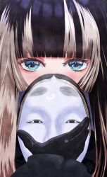 Rule 34 | 1girl, absurdres, black gloves, black hair, blonde hair, blue eyes, close-up, covering own mouth, gloves, highres, holding, holding mask, hololive, hololive dev is, juufuutei raden, long hair, looking at viewer, mask, multicolored hair, noh mask, solo, thedestinies, thick eyelashes, two-tone hair, virtual youtuber