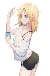 Rule 34 | 1girl, black bra, black shorts, blonde hair, blue eyes, blush, bra, bra visible through clothes, bralines, brushing teeth, casual, collarbone, cowboy shot, cup, dolphin shorts, fingernails, hand up, highres, holding, holding cup, hololive, hololive english, looking at viewer, mug, off shoulder, see-through, see-through shirt, shirt, short shorts, shorts, simple background, solo, syhan, t-shirt, toothbrush, toothbrush in mouth, underwear, virtual youtuber, waking up, watson amelia, white background, white shirt