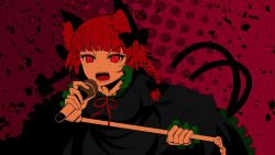 Rule 34 | 1girl, absurdres, animal ear fluff, animal ears, arano oki, black bow, black dress, bow, braid, cat ears, cat tail, dress, fang, highres, holding, holding microphone, holding microphone stand, kaenbyou rin, microphone, microphone stand, multiple tails, open mouth, petals, red background, red eyes, red hair, screaming, simple background, solo, tail, touhou, twin braids, two tails