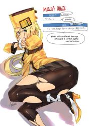 Rule 34 | 1girl, ashiomi masato, ass, blonde hair, blue eyes, breasts, dress, english text, fingerless gloves, gloves, guilty gear, guilty gear xrd, hat, high heels, long hair, looking at viewer, millia rage, pantyhose, signature, simple background, skirt, solo, torn clothes, torn pantyhose, white background