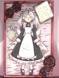 Rule 34 | apple seal, apron, bloody marie (skullgirls), box, brooch, closed eyes, doll, dress, frilled apron, frilled dress, frills, full body, grey hair, hair ornament, jewelry, key, maid headdress, mary janes, open mouth, pantyhose, shoes, skull hair ornament, skullgirls, twintails