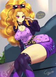 Rule 34 | 1girl, adagio dazzle, amano cigusa, ass, blonde hair, breasts, casual, cleavage, english text, huge ass, long hair, looking at viewer, medium breasts, my little pony, my little pony: equestria girls, my little pony: friendship is magic, personification, ponytail, sitting, solo, thick thighs, thighs, very long hair, wide hips
