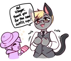 Rule 34 | 1boy, 1other, animal crossing, animal ears, cat ears, cat tail, furry, gift, glasses, green eyes, happy, hat, height difference, heterochromia, highres, looking at another, necktie, nintendo, open mouth, raikissu, raymond (animal crossing), shirt, smile, speech bubble, standing, sweater, tail, vest, villager (animal crossing), white background, yellow eyes