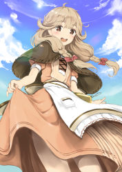 Rule 34 | 1girl, absurdres, apron, blonde hair, blush, bow, braid, capelet, cloud, day, dress, faye (fire emblem), fire emblem, fire emblem echoes: shadows of valentia, highres, long hair, low-braided long hair, low-tied long hair, md5 mismatch, nintendo, open mouth, outdoors, sky, solo, tayashitsu, teeth, twin braids, upper body