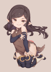 Rule 34 | 1girl, arulumaya, black hair, blush, boots, brown dress, china dress, chinese clothes, detached sleeves, dress, female focus, full body, granblue fantasy, grey background, harvin, highres, jingai modoki, long hair, looking at viewer, mandarin collar, mole, mole under eye, simple background, smile, solo, swept bangs, thigh boots, twitter username