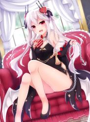 Rule 34 | 1girl, azur lane, bare shoulders, black thighhighs, breasts, cleavage, highres, indoors, long hair, looking at viewer, red eyes, shiira (nya rl), silver hair, sitting, solo, thighhighs, twintails, valentine, vampire (azur lane), vampire (the breath of spring) (azur lane), very long hair