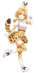 Rule 34 | 10s, 1girl, :d, animal ears, bad id, bad pixiv id, belt, blonde hair, blush, boots, bow, bowtie, breasts, clenched hand, elbow gloves, extra ears, full body, gloves, highres, kemono friends, looking at viewer, marmoset (marmoset0), medium breasts, open mouth, paw pose, serval (kemono friends), serval print, serval tail, short hair, simple background, skirt, sleeveless, smile, solo, standing, standing on one leg, tail, thighhighs, white background, white footwear, yellow eyes, zettai ryouiki