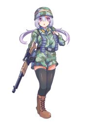 Rule 34 | 1girl, :o, ammunition pouch, battle rifle, belt, black thighhighs, boots, brown footwear, camouflage, camouflage headwear, camouflage jacket, camouflage shorts, closed mouth, company of heroes, fallschirmjager, fallschirmjager (company of heroes), fg 42, german army, gun, hair between eyes, hat, helmet, holding, holding gun, holding weapon, jacket, long hair, long sleeves, military, military hat, military uniform, open mouth, original, pouch, purple eyes, purple hair, rifle, shorts, smile, solo, thighhighs, twintails, uniform, weapon, world war ii, zhainan s-jun