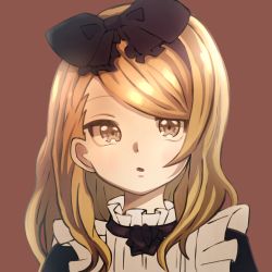 Rule 34 | 1girl, black bow, blonde hair, bow, brown background, gyotou sui, highres, jinrou judgment, long hair, looking at viewer, sandra (jinrou judgment), simple background, solo, yellow eyes