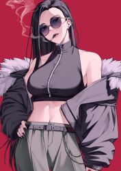 Rule 34 | 1girl, asymmetrical bangs, belt, black crop top, black hair, black jacket, black nails, chain, cigarette, crop top, forute na, fur-trimmed jacket, fur trim, hand on own hip, highres, jacket, long hair, looking at viewer, nail polish, open clothes, open jacket, original, pants, red background, red eyes, simple background, smoke, smoking, solo, standing, sunglasses, very long hair, zipper