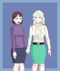 Rule 34 | 10s, 2girls, :d, alternate hair length, alternate hairstyle, blue eyes, brown hair, cowboy shot, diana cavendish, earrings, green hair, holding hands, jewelry, kagari atsuko, little witch academia, multicolored hair, multiple girls, aged up, open mouth, short hair, skirt, smile, standing, sweater, two-tone hair, wavy hair, white hair, wide-eyed, yuri