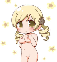 Rule 34 | 10s, 1girl, blonde hair, blush, breasts, chibi, cleft of venus, drill hair, gerotan, hair ornament, long hair, mahou shoujo madoka magica, medium breasts, navel, nipples, nude, pussy, simple background, smile, solo, tomoe mami, twin drills, uncensored, white background, yellow eyes