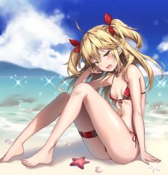 Rule 34 | 1girl, admiral hipper (azur lane), ahoge, alternate costume, arm support, ass, azur lane, bare arms, barefoot, beach, bikini, blonde hair, blue sky, blush, breasts, choker, cloud, cross, day, front-tie bikini top, front-tie top, green eyes, hair between eyes, hair ribbon, head tilt, iron cross, long hair, looking at viewer, mole, mole under eye, ocean, open mouth, red bikini, red ribbon, ribbon, riichu, sand, side-tie bikini bottom, sitting, sky, small breasts, solo, sparkle, starfish, swimsuit, thigh strap, thighs, two side up, water