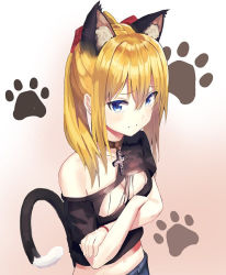Rule 34 | 1girl, animal ear fluff, animal ears, armband, black shirt, blonde hair, blue eyes, blush, breasts, cat ears, cat tail, choker, cleavage, closed mouth, collar, collarbone, cross, crossed arms, eyes visible through hair, gradient background, hair between eyes, hair ornament, hwanhee, jewelry, long hair, looking at viewer, looking up, navel, necklace, off-shoulder shirt, off shoulder, original, patterned background, paw print, ponytail, red ribbon, ribbon, shirt, short sleeves, sidelocks, solo, tail, torn clothes, upper body