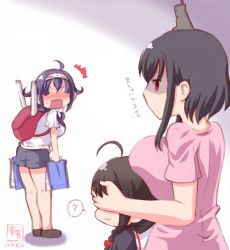 Rule 34 | ^^^, 10s, 3girls, ?, ahoge, alternate costume, backpack, bag, bike shorts, black hair, blush, breast press, breast rest, breasts, casual, commentary request, dated, embarrassed, hair flaps, hair ornament, hairband, headband, highres, kanon (kurogane knights), kantai collection, large breasts, long hair, multiple girls, open mouth, purple hair, ryuuhou (kancolle), shigure (kancolle), shirt, short hair, spoken question mark, taigei (kancolle), translation request, yamashiro (kancolle), aged down
