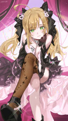 Rule 34 | 1girl, ahoge, bare shoulders, black bow, black dress, black footwear, black gloves, black ribbon, blonde hair, blurry, blush, bow, breasts, brown thighhighs, closed mouth, crossed legs, depth of field, dress, dress bow, glint, gloves, green eyes, hair bow, hair ornament, hair ribbon, hand on own face, hand up, haruri, head rest, heart, heart hair ornament, heart in eye, heart print, highres, idolmaster, idolmaster cinderella girls, idolmaster cinderella girls starlight stage, large breasts, layered dress, leaning forward, long hair, looking at viewer, pink curtains, print dress, print thighhighs, rainbow gradient, ribbon, sato shin, shoes, signature, single thighhigh, sitting, smile, solo, sparkle, symbol in eye, thighhighs, twintails