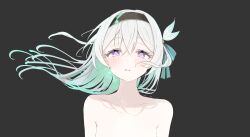 Rule 34 | 1girl, absurdres, aqua pupils, bare shoulders, blush, collarbone, firefly (honkai: star rail), floating hair, gradient hair, grey background, grey hair, hairband, highres, honkai: star rail, honkai (series), long hair, looking at viewer, multicolored hair, nei1122, nude, out-of-frame censoring, parted lips, pink eyes, simple background, solo