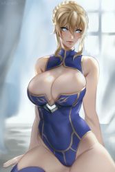 Rule 34 | 1girl, absurdres, artoria pendragon (fate), artoria pendragon (lancer) (fate), bad id, bad twitter id, bare shoulders, blonde hair, blue eyes, blue leotard, blue thighhighs, braid, breasts, bursting breasts, cleavage, cleavage cutout, clothing cutout, commentary, curvy, english commentary, fate/grand order, fate (series), french braid, heattech leotard, highres, huge breasts, leotard, looking at viewer, ragecndy, short hair, sidelocks, sitting, solo, thick thighs, thighhighs, thighs, turtleneck