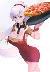 Rule 34 | 1girl, absurdres, azur lane, beige shirt, belfast (azur lane), belfast (piping-hot perfection) (azur lane), blue eyes, braid, breasts, cleavage, cowboy shot, dress, food, hair ornament, hairclip, highres, holding, holding food, holding pizza, hood (james x), large breasts, long hair, low neckline, pepperoni, pizza, ponytail, red dress, short sleeves, simple background, smile, solo, steam, very long hair, white background, white hair