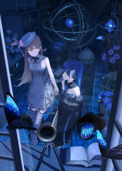 Rule 34 | 2girls, armillary sphere, ascot, bare shoulders, black bow, black bowtie, black gloves, blue ascot, blue eyes, blue hair, book, bow, bowtie, bracelet, bug, butterfly, butterfly hair ornament, celestial globe, curtains, elbow gloves, flower, gloves, glowing, glowing eyes, hair ornament, hat, hat flower, highres, insect, jewelry, looking at another, mikisai, multiple girls, open book, original, sideways glance, smile, telescope, tile floor, tiles, window, yellow eyes