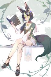 Rule 34 | 1boy, animal ear fluff, animal ears, black hair, blush, book, closed mouth, commentary, cosplay, crossed legs, english commentary, fox boy, fox ears, fox tail, full body, genshin impact, gold choker, green hair, hair between eyes, hair ornament, highres, holding, holding book, jewelry, lisa (a sobriquet under shade) (genshin impact), lisa (genshin impact), lisa (genshin impact) (cosplay), long sleeves, looking at viewer, male focus, multicolored hair, open book, plant, sitting, solo, tail, thighlet, tighnari (genshin impact), trap, twitter username, vines, vision (genshin impact), wai1010