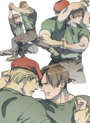 Rule 34 | 2boys, bara, belt, beret, blonde hair, brown hair, brown pants, closed eyes, green shirt, hat, holding another&#039;s wrist, holding hands, jack krauser, large pectorals, leon s. kennedy, looking at another, male focus, multiple boys, muscular, muscular male, pants, pectorals, resident evil, resident evil 4, resident evil 4 (remake), shirt, short hair, simple background, tatsumi (psmhbpiuczn), white background, yaoi