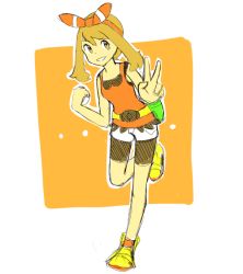 Rule 34 | 1girl, bag, bare shoulders, bike shorts, black shorts, bow, brown eyes, brown hair, child, creatures (company), female focus, game freak, gen 6 pokemon, hair bow, hair ornament, hair ribbon, happy, legs, looking at viewer, may (pokemon), may (pokemon oras), medium hair, neck, nintendo, pokemon, pokemon oras, red bow, red shirt, ribbon, running, shirt, shoes, short shorts, shorts, simple background, sleeveless, sleeveless shirt, smile, sneakers, traditional media, v, yellow footwear