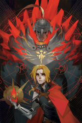 Rule 34 | 2boys, alphonse elric, armor, blonde hair, brothers, crossover, crystal, dragon age, dragon age: inquisition, edward elric, fayren, fullmetal alchemist, gradient background, highres, mechanical arms, multiple boys, ponytail, siblings, single mechanical arm