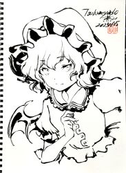 Rule 34 | 1girl, artist name, bat wings, breasts, closed mouth, cropped torso, dated, frilled shirt collar, frilled sleeves, frills, greyscale, hair between eyes, hat, highres, lineart, looking at viewer, medium hair, mob cap, monochrome, puffy short sleeves, puffy sleeves, remilia scarlet, shirt, short sleeves, signature, sketchbook, small breasts, solo, touhou, tsubameyado, wings