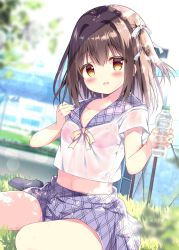 Rule 34 | 1girl, :d, azumi kazuki, black socks, blurry, blurry background, blush, bottle, bow, bra, bra visible through clothes, breasts, brown eyes, brown hair, commentary request, day, depth of field, hair between eyes, hair bow, hair intakes, highres, holding, holding bottle, looking at viewer, on grass, open mouth, original, outdoors, pink bra, purple sailor collar, purple skirt, sailor collar, see-through, shirt, short sleeves, sitting, skirt, small breasts, smile, socks, solo, striped, striped bow, sweat, two side up, underwear, wariza, water bottle, wet, wet clothes, wet shirt, white bow, white shirt