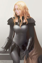 Rule 34 | 10s, 1girl, 2015, armor, artist request, blonde hair, bodysuit, breasts, cape, claymore (series), collarbone, copyright name, dated, highres, long hair, pteruges, sitting, solo, teresa, wavy hair