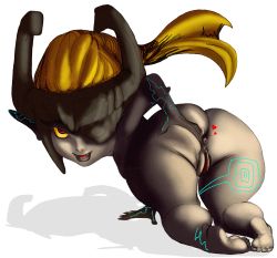 Rule 34 | 1girl, all fours, anus, ass, boltss, female focus, full body, highres, huge ass, legs, midna, nintendo, pointy ears, pussy, simple background, smile, solo, the legend of zelda, the legend of zelda: twilight princess, thick thighs, thighs, uncensored, white background