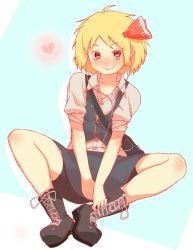 Rule 34 | 1girl, ahoge, bag, blonde hair, blush, boots, butterfly sitting, cross-laced footwear, dress shirt, earbuds, earphones, embodiment of scarlet devil, fang, female focus, gozaemon, gyoza emon, heart, highres, lace-up boots, red eyes, ribbon, rumia, shirt, short hair, sitting, skirt, smile, solo, touhou, vest