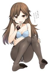 Rule 34 | 10s, 1girl, :d, arashio (kancolle), bare arms, bare shoulders, black pantyhose, blue bow, blue bra, bow, bow bra, bra, breasts, brown eyes, brown hair, cleavage, collarbone, commentary request, condom, condom wrapper, feet, full body, gusset, heart, holding, index finger raised, invisible chair, kantai collection, knees together feet apart, long hair, looking at viewer, medium breasts, no shoes, open mouth, panties, panties under pantyhose, pantyhose, simple background, sitting, smile, soles, solo, straight hair, takayaki, thighband pantyhose, toes, translation request, underwear, white background