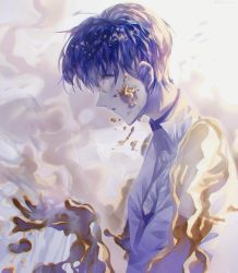 Rule 34 | 1other, androgynous, blue hair, crack, crystal hair, gold, golden arms, highres, houseki no kuni, necktie, phosphophyllite, phosphophyllite (ll), profile, see-through, short hair, solo, spoilers, upper body, white eyes, wide-eyed