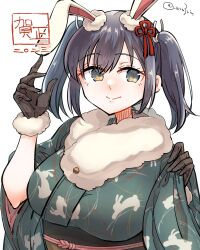 Rule 34 | 1girl, 2023, animal ears, animal print, black gloves, blue hair, breasts, closed mouth, commentary request, fake animal ears, fur-trimmed kimono, fur scarf, fur trim, gloves, green eyes, green kimono, hair ribbon, haregi, highres, japanese clothes, kantai collection, kimono, large breasts, matsunaga (haku), new year, rabbit ears, rabbit print, ribbon, simple background, smile, solo, souryuu (kancolle), translation request, twintails, upper body, white background